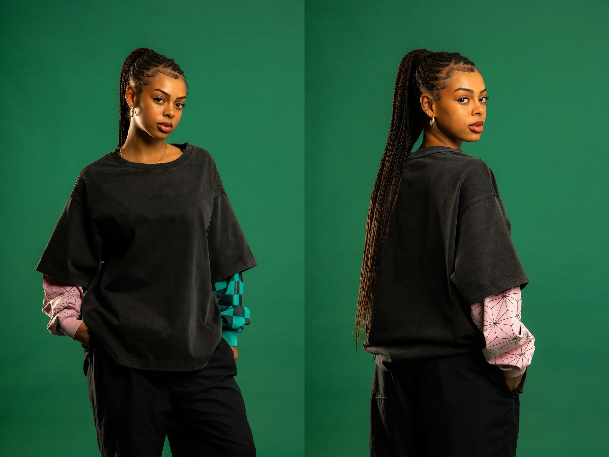 DEMON SLAYER SIBLING DOUBLE LAYER LONG SLEEVE SHIRT (WASHED BLACK) - Image 3